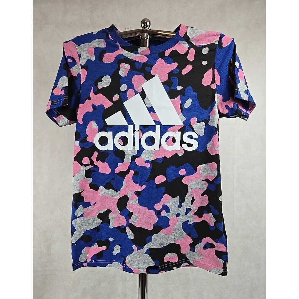 Adidas Shirt Boys Size Large Short Sleeve Blue Pink Camo T-Shirt Active Tee NWT